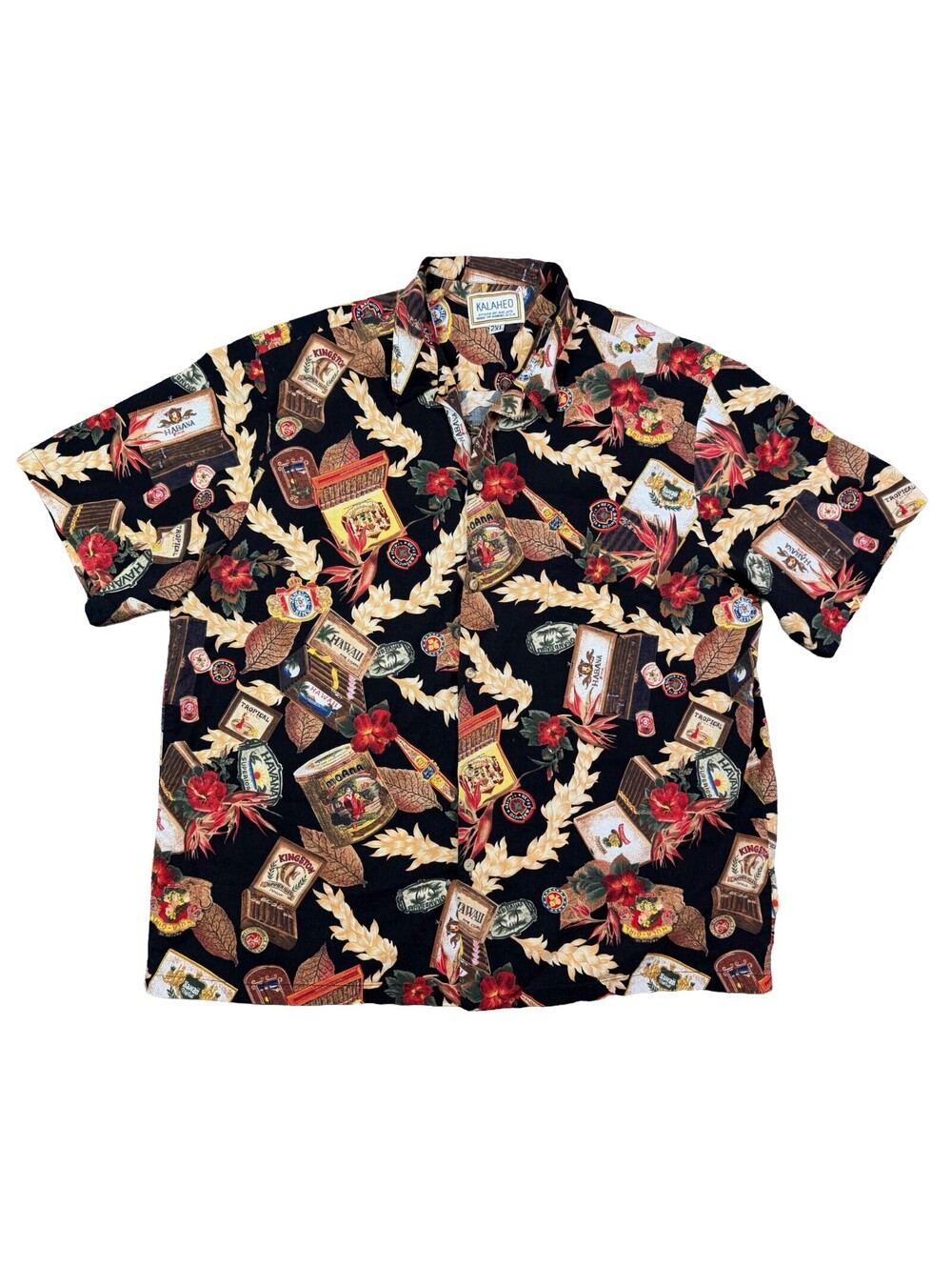 Vintage Kalaheo Hawaiian Shirt Mens 2XL Cigar Tobacco Hibiscus Aloha Hawaii USA